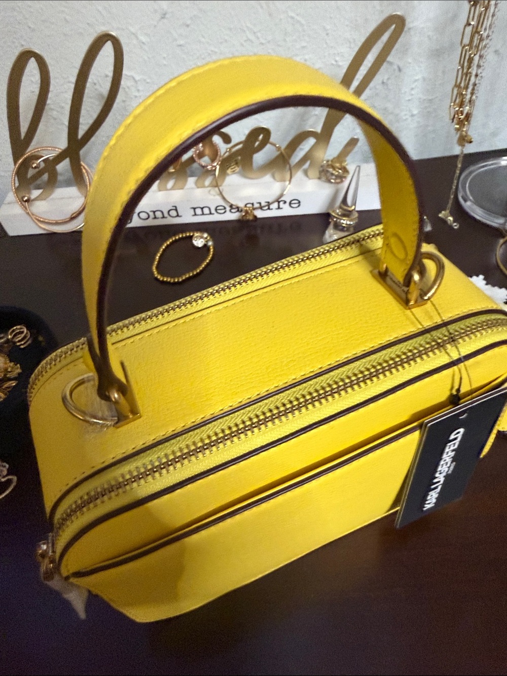 Karl Lagerfeld Yellow Studded Mini Top-Handle Bag - Picture 3 of 8